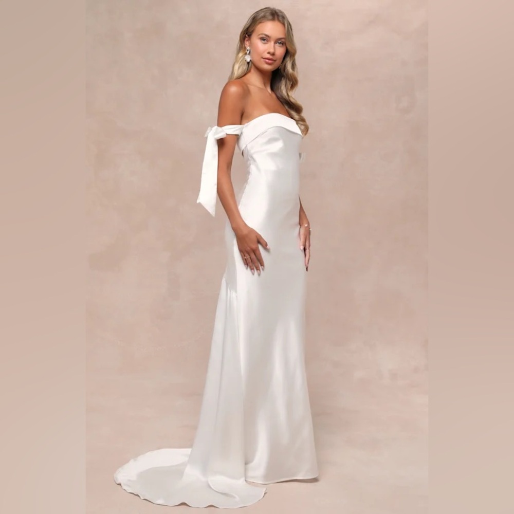 Lulus Eternally Loved White Cutout Satin Off-the-Shoulder Maxi Dress LARGE NEW